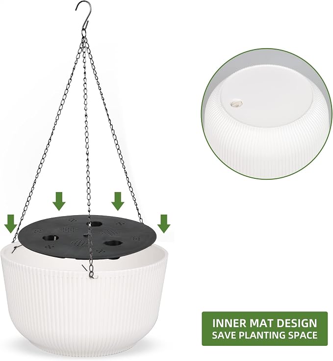 Dexceder 9.8 Inch Self Watering Hanging Planter (2 Pack, White) | Thickened Hanging Basket Flower Plant Pot Indoor Outdoor