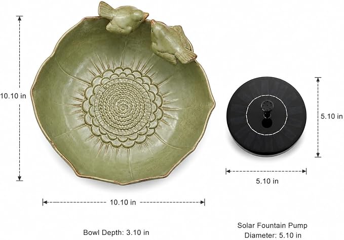 Bird Bath with Solar Fountain Bubbler, 10.1" Solar Bird Bath Fountain for Outdoors, Ceramic Bird Bath Bowl for Garden, Patio, Balcony & Yard Decor