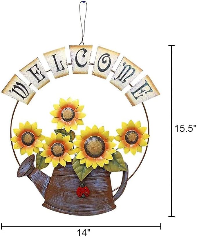 Morning View Metal Sunflower Welcome Sign Hanging Flower Wall Decor Door Sign Decorative Wall Plaque Outdoor Garden Porch Yard Home Decor 14X15.5 Inch