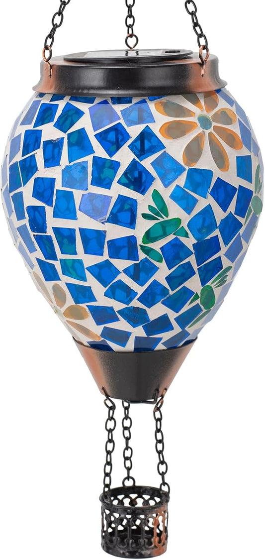 Hummingbird Solar Hot Air Balloon Lantern with Flame, Blue Hanging Mosaic Solar Lantern Outdoor Waterproof, Outdoor Solar Lights for Yard Gardening Gift for Mom Grandma Women