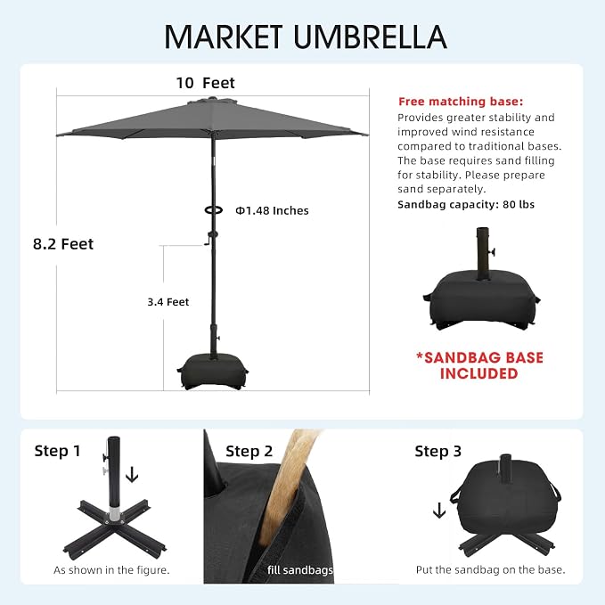 wikiwiki 10FT Patio Umbrella with Base, Outdoor Umbrellas with Base Included, 8 Sturdy Ribs, Waterproof Fade Resistant POLYESTER DTY Canopy for Deck, Lawn, Garden, Backyard & Pool, Dark Gray