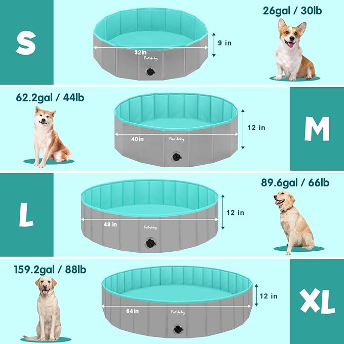 Furrybaby Foldable Dog Pool, Kiddie Pool Hard Plastic, Collapsible Pet Bath Portable Dog Swimming Pool for Pet, Dogs and Cats Grey 32'' | Collapsible rigid dog pool with non-slip PVC, durable hard plastic tub, portable indoor & outdoor use for pets and...