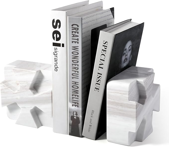 Decorative Square Marble Bookends for Heavy Books – Unique Book Ends for Shelves – Modern Aesthetic Book Holder/Stopper with Non-Slip Pads for Chic Home, Office, or Library Decor, Volakas