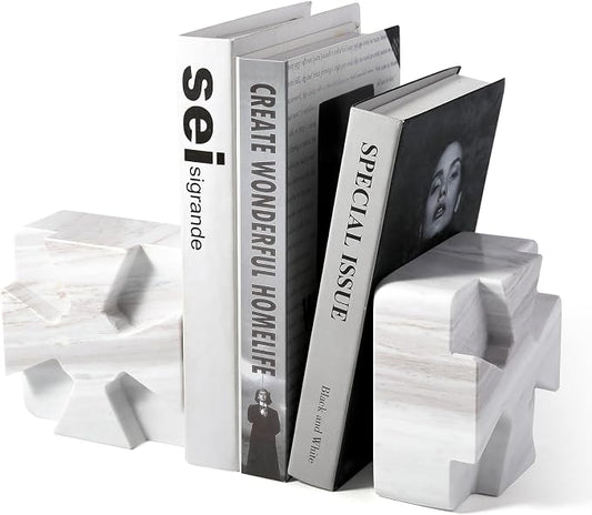 Decorative Square Marble Bookends for Heavy Books – Unique Book Ends for Shelves – Modern Aesthetic Book Holder/Stopper with Non-Slip Pads for Chic Home, Office, or Library Decor, Volakas