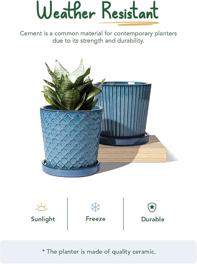 LE TAUCI Ceramic Pots for Plants, 5.5 Inch Plant Pots with Drainage Hole and Saucer, Indoor Plant Pots for Succulent, Snake Plants and Cactus, Flower Pots, Set of 2, Reactive Glaze Blue