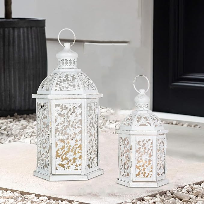 Lanterns Decorative Outdoor&Indoor, Set of 2 (15"&7") White Metal Lantern Decor, Candle Holder for Porch, Patio, Christmas, Balcony, Wedding, Table Centerpiece