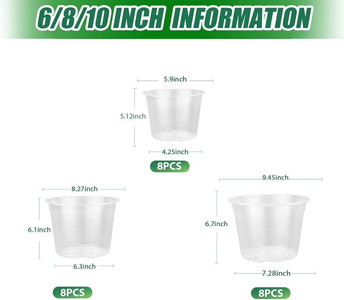 24 Pack 6/8/10 Inch Clear Nursery Pots with Drainage, Large Plastic Plant Pots for Seedlings Flowers Succulents Vegetable, Indoor Outdoor Gardening (6 810 Inch)