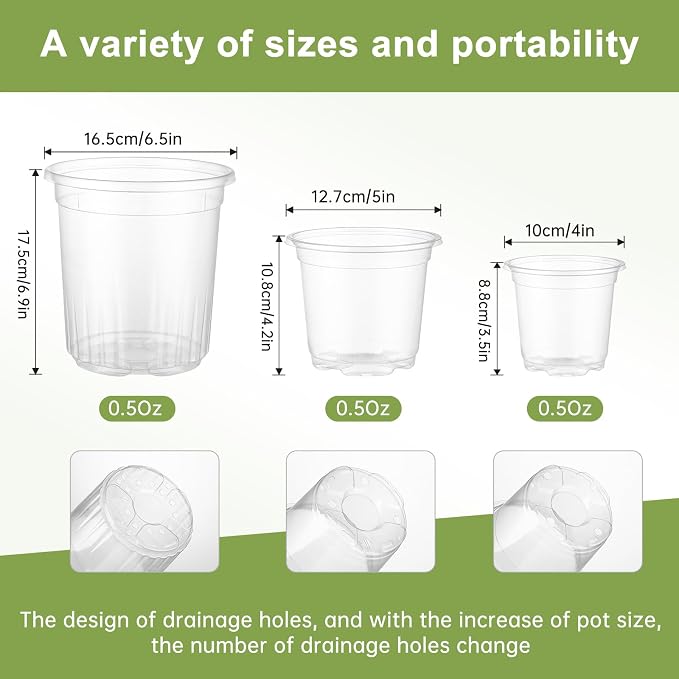 30 Packs 6.5/5/4 Inch Reinforced Clear Nursery Pots for Plants with Drainage Hole, Variety Pack High Transparency Plastic Seedling Plant Pot with 20 Labels