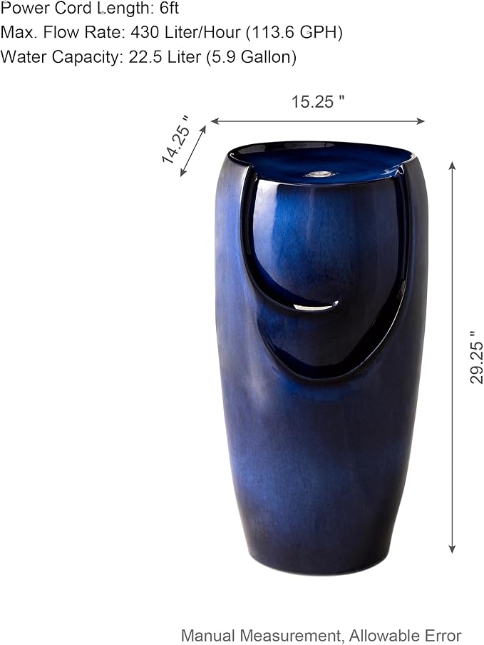 Glitzhome Outdoor Water Fountain with LED Light, Oversized Ceramic Vase Water Fountains Outdoor, Tall Water Feature Backyard Fountain for Garden Patio, Cobalt Blue, 29.3”H