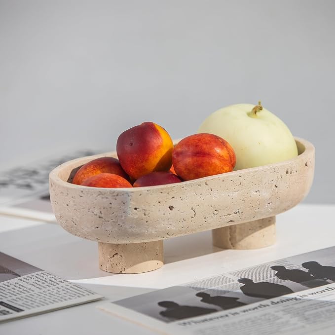 Natural Oval Travertine Fruit Bowl for Kitchen Counter 10",Two-Legged Decorative Bowl & Travertine Decor Pedestal for Dining Table Decor, For Kitchen Fruit Bowl, Potpourri, Dining Table Centerpiece.