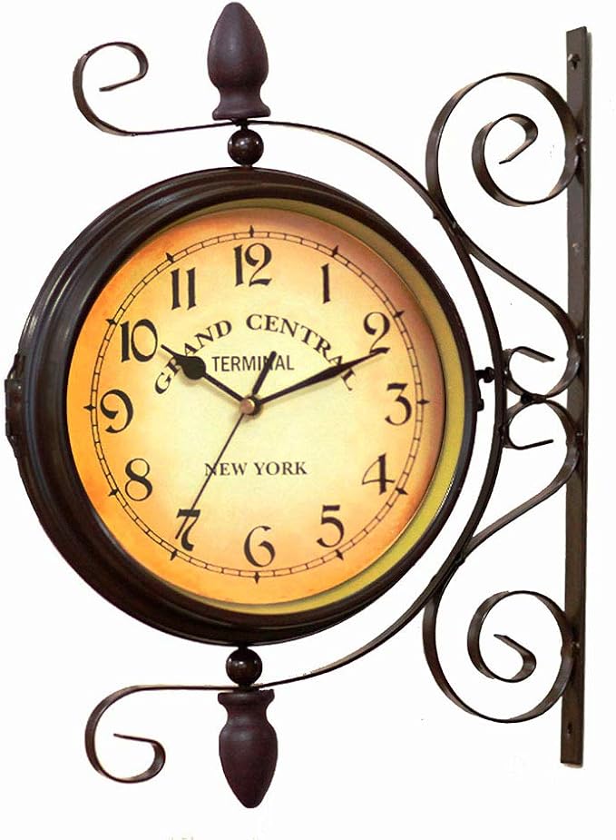 Vintage Double Sided Wall Clock Vintage Industrial Wall Clock for Outdoor Decorative Art Antique Decor Office Kitchen Silent Watches 360 Degree Rotate Antique