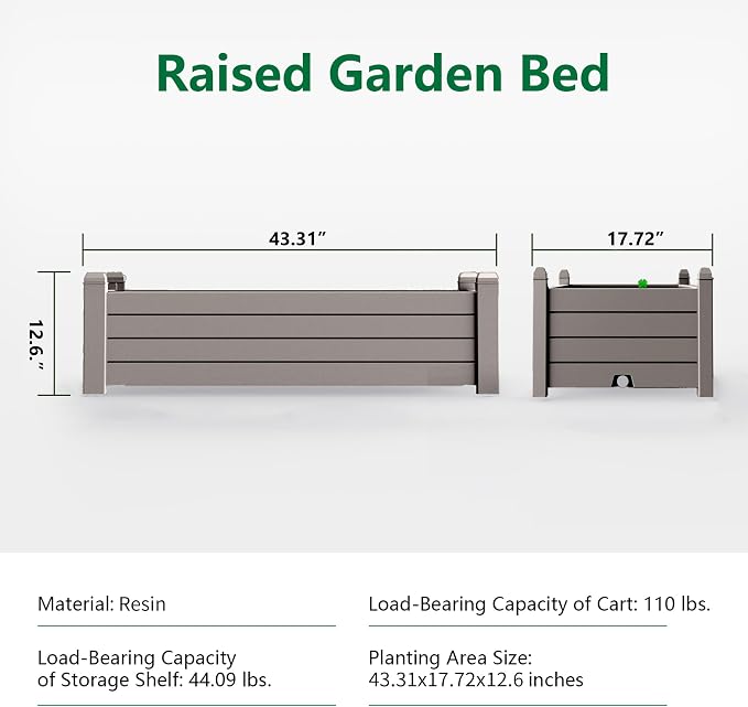 Vixzen Raised Garden Bed Outdoor,Resin Weatherproof Planter Box with Drain Hole and Water Level Detector,for Planting Plants Vegetables (Grey, 43.31"×17.72"×12.6")