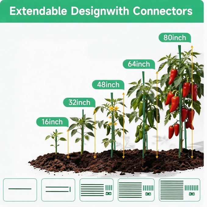 100 Pcs Tomato Stakes 16 Inch Garden Stakes for Outdoor Plants Support Plastic Coated Metal Plant Stakes Supports for Climbing Potted Plants with 50 Connectors 50 Rotatable Clips 165 Ft Twist Tie