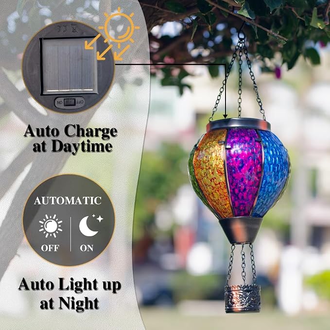 Solar Hot Air Balloon Outdoor Lantern with Flickering Flame, Handmade Glass Hanging Outdoor Lantern Waterproof Decorative Lantern Lamp for Patio, Garden, Porch (Colorful) | Handmade Glass, Waterproof, Decorative Lantern Lamp, for Patio, Garden, Porch, ...