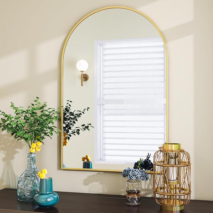 Arched Wall Mirror, 24 x 36 inch Arch Bathroom Mirror Gold | Wall Mounted Vanity Mirror with Arch Metal Frame, Modern Bathroom Vanity Mirror for Bedroom, Living Room, Hanging or Leaning