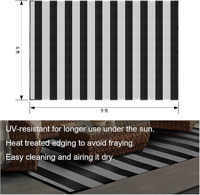 Plastic Straw Rug,6'x9' Outdoor Waterproof Patio Rugs Foldable Reversible Camping Mat for Rv, Deck, Porch, Picnic, Beach, Balcony,Black & White