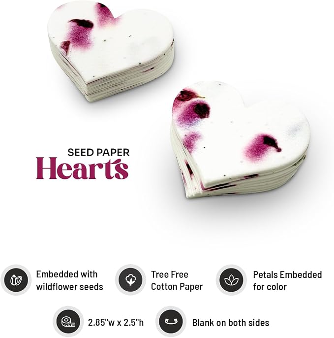 50pcs Large (2.5" h x 2.85" w) Magenta Heart Seed Paper – Writable & Plantable Wildflower, Mom's Gift for Birthday, Use for Wedding, Baby Shower, & Heart Party Favors