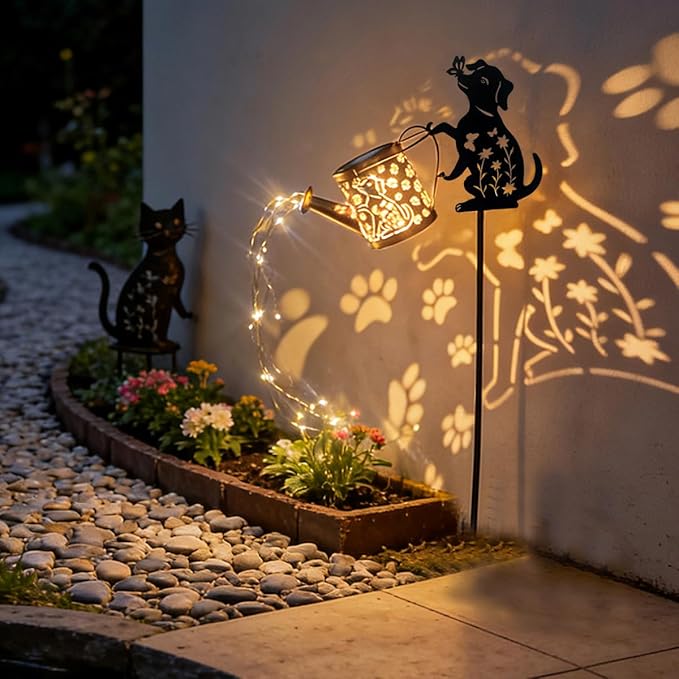 Solar-Powered Dog Watering Can Lights with Metal Dog Statue Silhouette Pillar Garden Feature Light, for Christmas, Mother's Day, Birthday Gifts, Garden, Lawn, and Courtyard Decorations