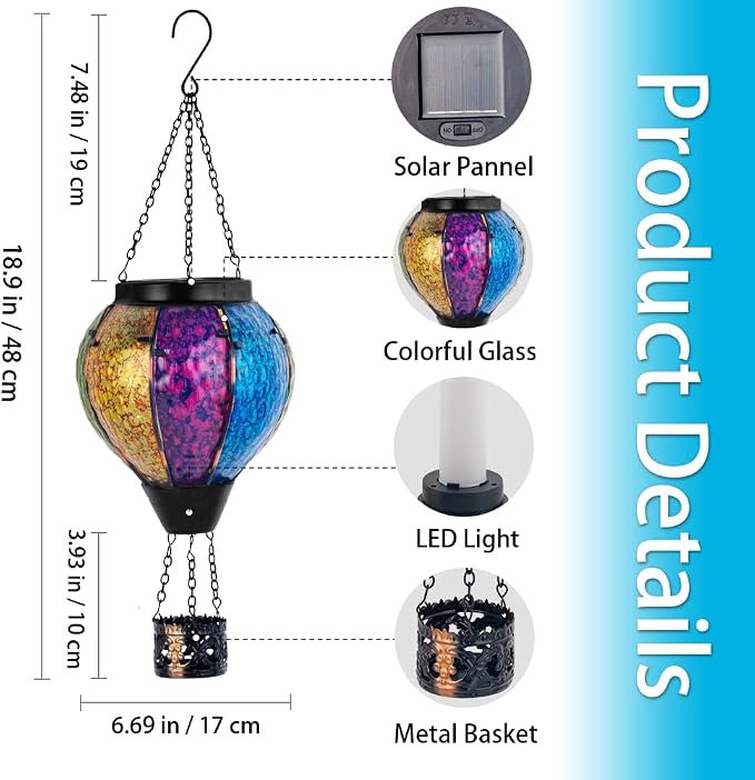 Solar Hot Air Balloon Outdoor Lantern with Flickering Flame, Handmade Glass Hanging Outdoor Lantern Waterproof Decorative Lantern Lamp for Patio, Garden, Porch (Colorful) | Handmade Glass, Waterproof, Decorative Lantern Lamp, for Patio, Garden, Porch, ...