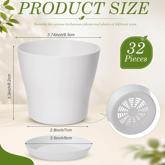 Yinder 32 Pcs 6 Inch Nursery Pots Flower Pots White Plastic Plant Pot Seed Starting with Saucers and Drainage Holes Plant Container for Herbs Houseplants Seeding Nursery Flowers