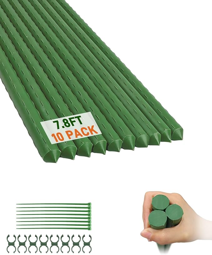 10 Pack 8FT Garden Stakes with Clips & Ties, 0.78" Steel Core Plastic Covered Plant Support Stakes for Tomatoes, Vegetables & Climbing Plants