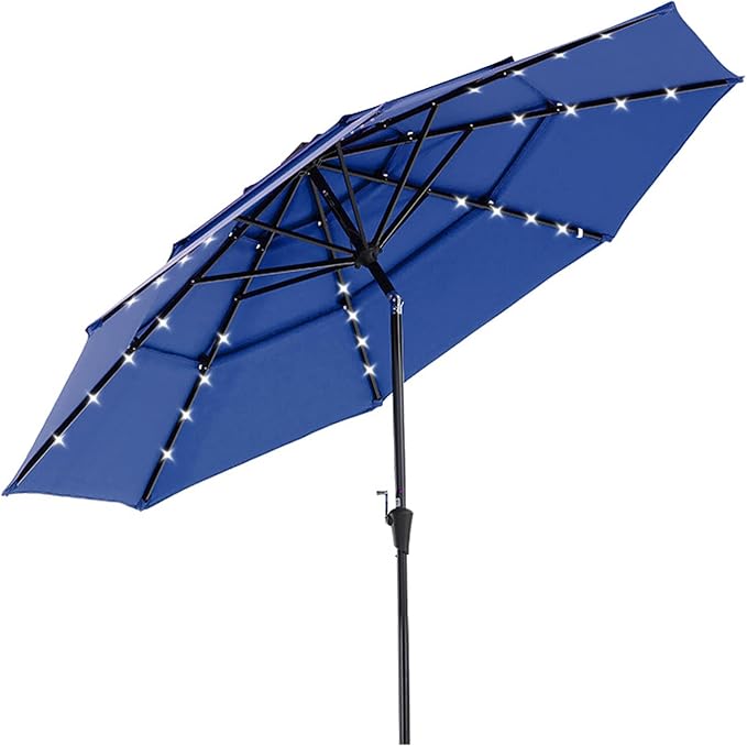DUMOS Outdoor Solar Patio Umbrella 3 Tiers with 32 LED Lights, Beach Market Table Umbrella with Crank and 8 Sturdy Ribs for Pool, Terrace, Restaurant