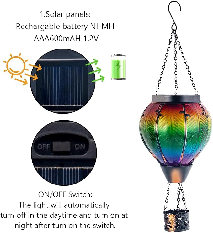 Starsoul Hot Air Balloon Solar Lantern with Flickering Flame Light Colorful Glass Hot Air Balloon Solar Light Waterproof Outdoor Hanging Solar Lantern for Yard Garden Patio Farmhouse Decor