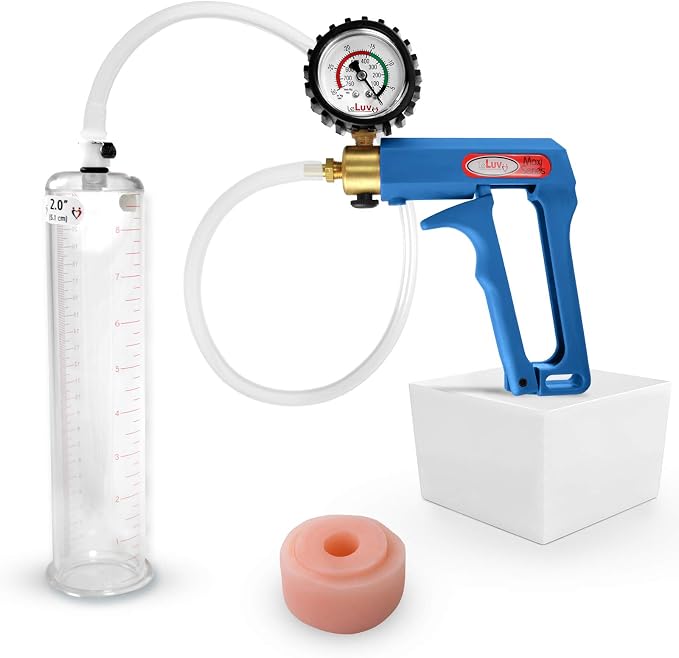 LeLuv Penis Pump Maxi Blue Handle + Protected Gauge - Bundle with Clear Hose, Silicone Donut Seal - 9 inch Length x 2 inch Diameter Cylinder