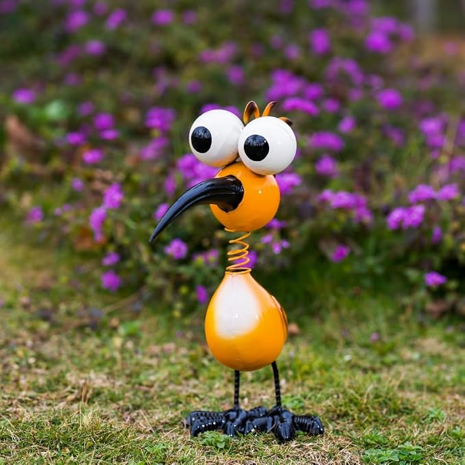 Yellow Big Eyes Bird Metal Garden Statues Yard Decorations Outdoor,13" Bird Decor Yard Statue Decorations Outdoor,Gardening Present for Women for Housewarming