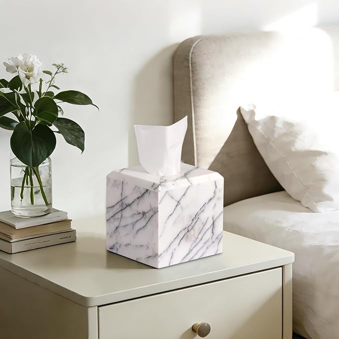 Natural Marble Square Tissue Box Cover,Stone Modern Decorative Sturdy Napkin Box Holder Case,Facial Paper Organizer for Bathroom Vanity Toilet Countertop,Kitchen (1, Lilac, 5.71 * 5.71 * 5.51)