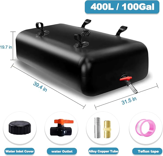GHOSOONE 400 L/100 Gal Water Bladder Tank, Foldable Portable Water Storage Container, Emergency Water Bag for RV, Truck Bed, Fire Prevention, Drought Resistance, Black