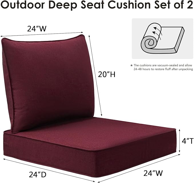 Unimatta Sunbrella Outdoor Patio Chair Cushions Set, 24" x 24", Set of 2, Water-Repellent, Fade Resistant, Deep Seat Cushion for Backyard, Couch, Sofa and Patio Furniture, Spectrum Ruby