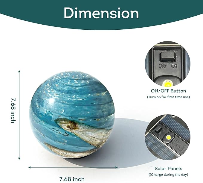 Lily's Home Gazing Ball - 7.68" Glass Globe with Solar Powered Lights - Outdoor Solar Lights for Yard & Patio - Garden Decor - Automatic On/Off Photosensitive Switch - Ocean Swirl