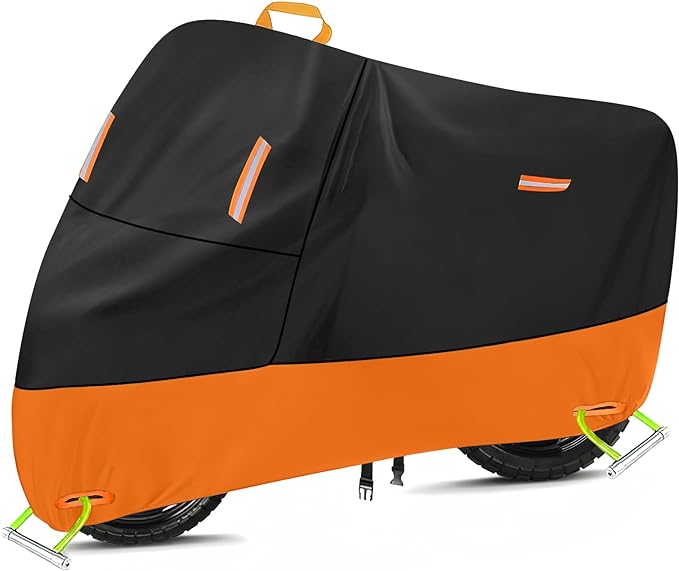 Motorcycle Cover 300D Oxford Motorcycle Covers Waterproof Outdoor Storage Fit up to 110 inch Sportster Road King Street Glide Honda Goldwing Vulcan Yamaha (4XL: 108" x 37" x 55")