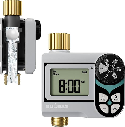 QUOBAS Zero Pressure Water Timer, Programmable Sprinkler Timer for Garden Hose Faucet with Brass Ports, Rain Delay/Manual/Automatic Irrigation System, Low Pressure Watering Compatible Rain Barrel