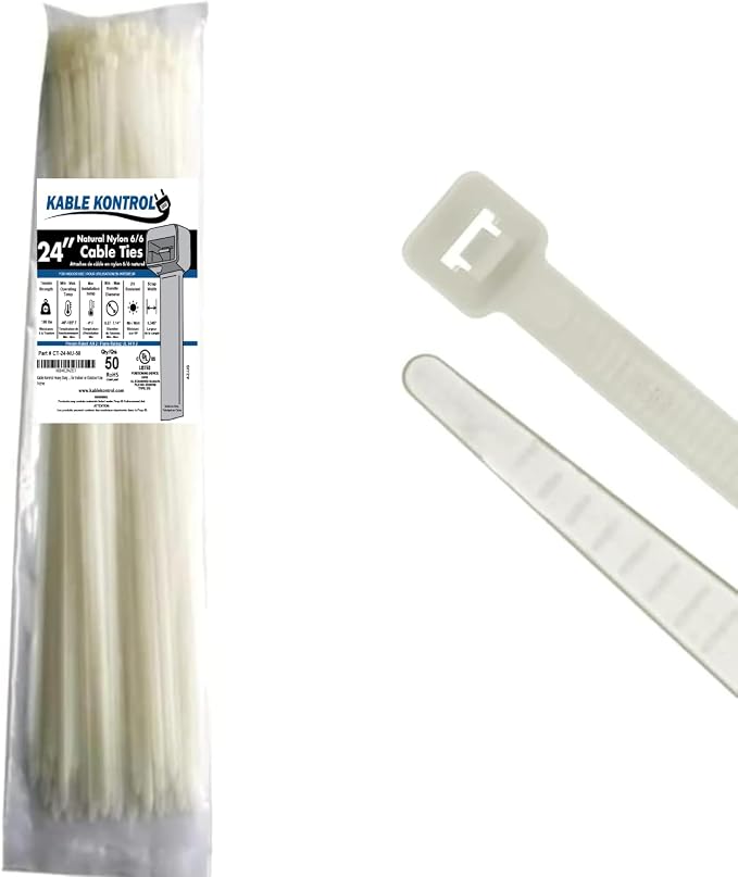 Kable Kontrol Heavy Duty Cable Zip Ties 50 Pcs 24 Inch, Natural White, 175 Lbs Tensile Strength, Self-locking Nylon Clear Plastic Wire Ties wraps for Indoor or Outdoor Use