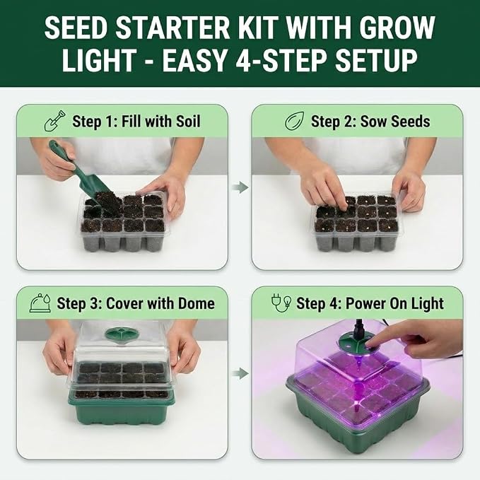 Seed Starter Tray with Grow Light, 4 Pack Seed Starter Kit with Adjustable Humidity Dome, 12-Cell Seedling Trays with Full Spectrum LED for Indoor Plant Germination, Green