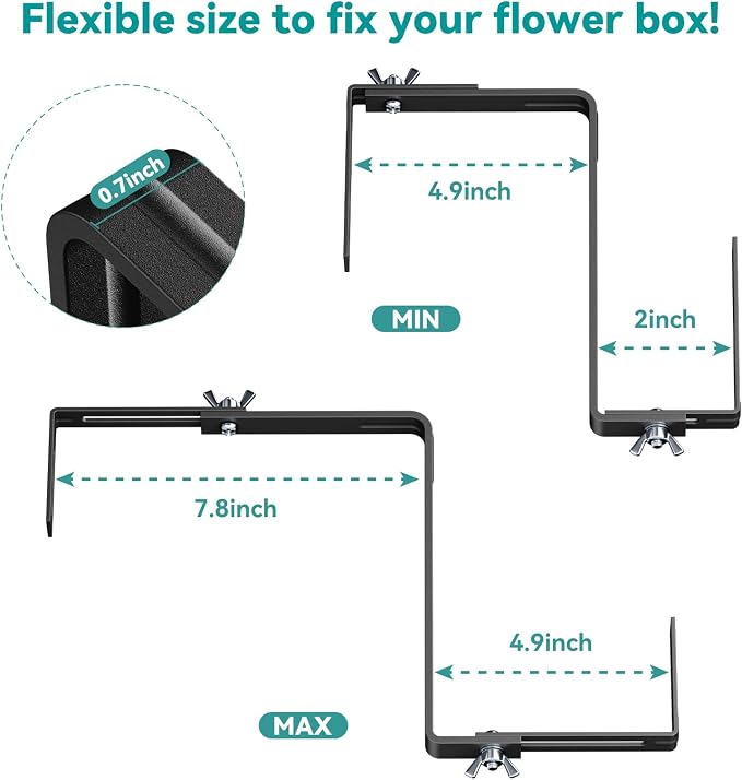Adjustable Planter Box Brackets,Enhanced Bottom Support,Universal Outdoor Hanging Brackets,Flower Box Brackets for Fence Railings, Windowsill, Patio, Garden,Balcony. (8, Black)