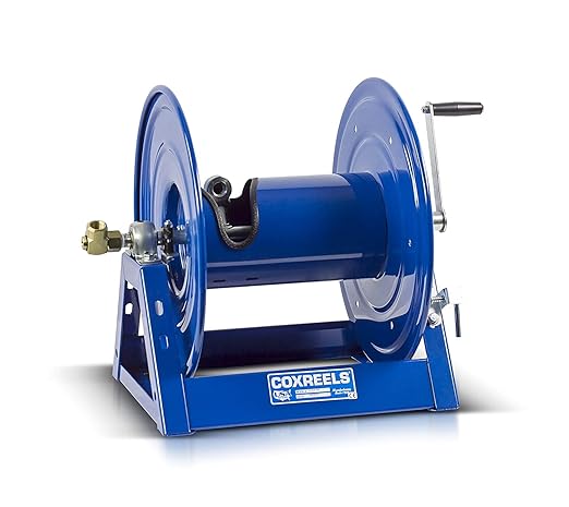 Coxreels 1125-4-200 Hand Crank Steel Hose Reel, 1125 Series - ½" x 200', 3,000 PSI - Heavy Duty All Welded Steel A Frame - Adjustable Tension Break – Made in The USA, Blue