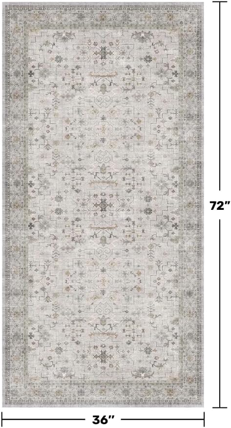 Boho 3x6 Large Bathroom Rug - Washable Floral Area Rug for Entryway, Bedroom Beside Bed, Modern Vintage Low Pile Kitchen Carpet, Neutral Light Gray & Sage Décor