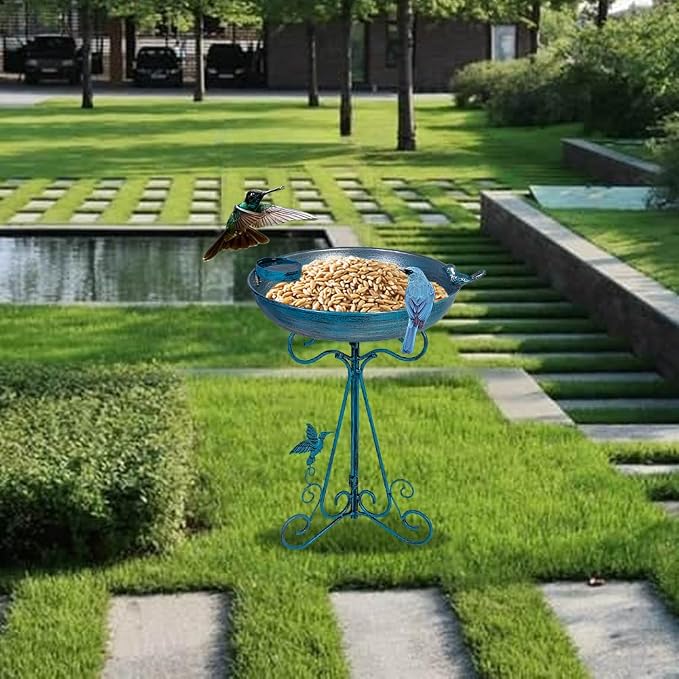 DREAMSOUL Blue Bird Bath Stand, 12" Dia Bird Bath for Outside Metal Birdbath with Folding Bracket for Patio Lawn Garden Decor