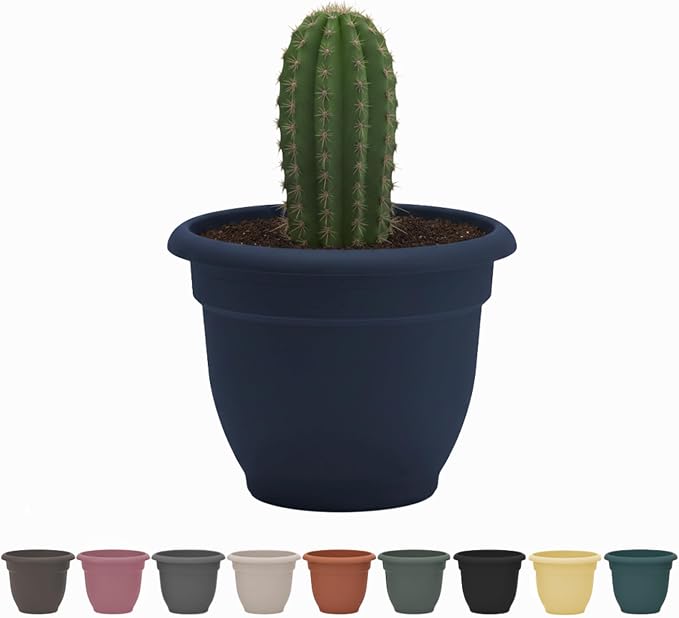 Bloem Ariana 8" Navy Round Self Watering Planter Pot - Rolled Rim Plastic Resin Indoor or Outdoor Gardening Planter with Drainage Holes, Made in USA