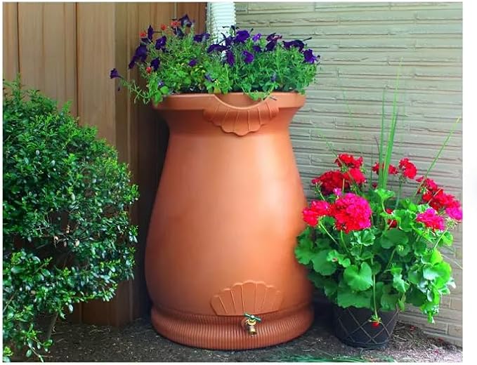 Rain Wizard Decorative Urn Rain Barrel, Durable polyethylene Resin, with Brass Spigot, Flat-Back Design,Perfect for Gardening Any Home (Terra Cotta, 65 Gallon)