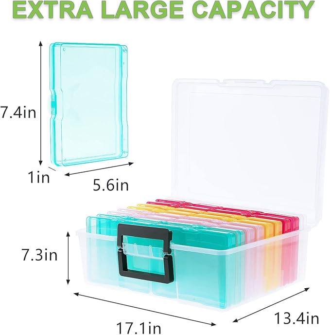 Photo Storage Box 5" x 7", 18 Inner Extra Large Photo Organizer Container, Plastic Craft Storage Box with Handle for Pictures Stickers Stamps Seeds