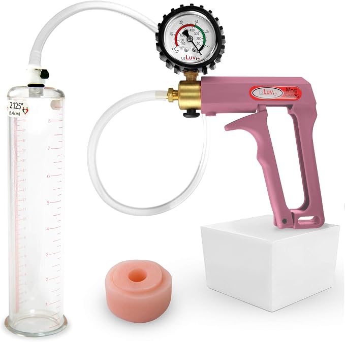 LeLuv Penis Pump Maxi Pink Nylon Handle + Protected Gauge - Bundle with Clear Hose, Silicone Donut Seal - 9 inch Length x 2.125 Inch Diameter Cylinder