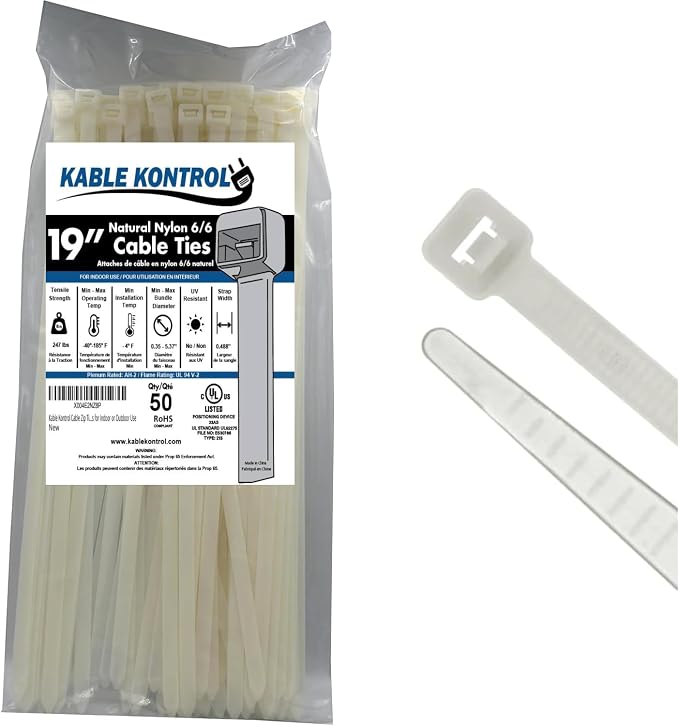 Kable Kontrol Cable Zip Ties Natural White 50 Pcs 19 Inch, 250 Lbs Tensile Strength, Self-locking Natural Nylon Clear Plastic Wire Ties wraps for Indoor or Outdoor Use