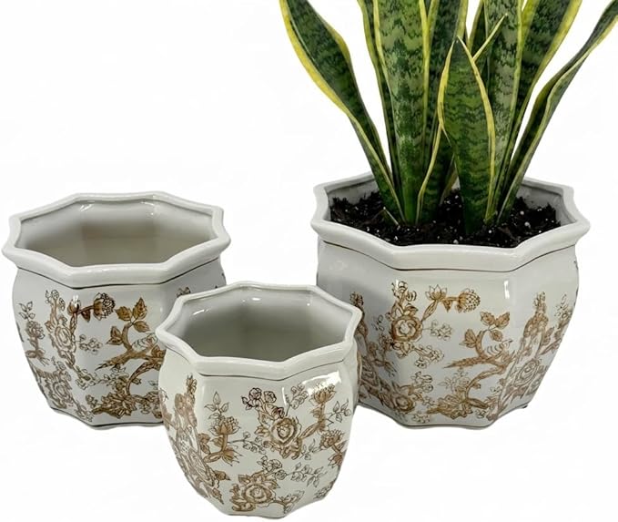 Galt International Brown & White Round Fluted Floral Porcelain Ceramic Plant Flower Planter Pot Set of 3 (7.5", 10", 13") Garden Pots Chinese Asian Design