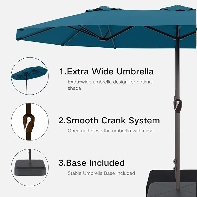 Kingdura 15ft Large Patio Umbrella with Base Included, Double-Sided Rectangle Outdoor Table Umbrella with 12 Reinforced Ribs, Crank Lift for Market Pool Deck Backyard, Lake blue