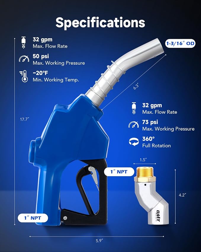 Orion Motor Tech 1" NPT Automatic Fuel Nozzle Kit, Auto Shut Off Fuel Nozzle with 360° Hose Swivel, Gas Fuel Transfer Refilling Nozzle with 1-3/16" Spout 32 gpm for Gasoline Diesel Kerosene