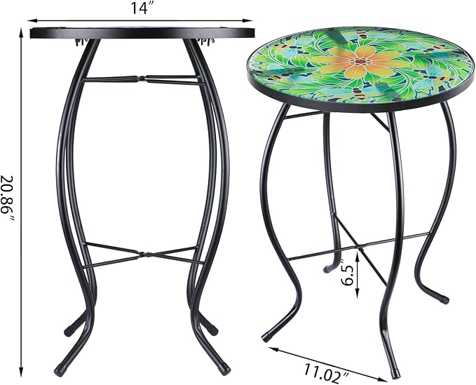 VCUTEKA Outdoor Side Table Mosaic End Patio Side Table Small End Tables Glass Top Round Balcony Coffee Tables Porch Indoor Glass Top Bee 14''